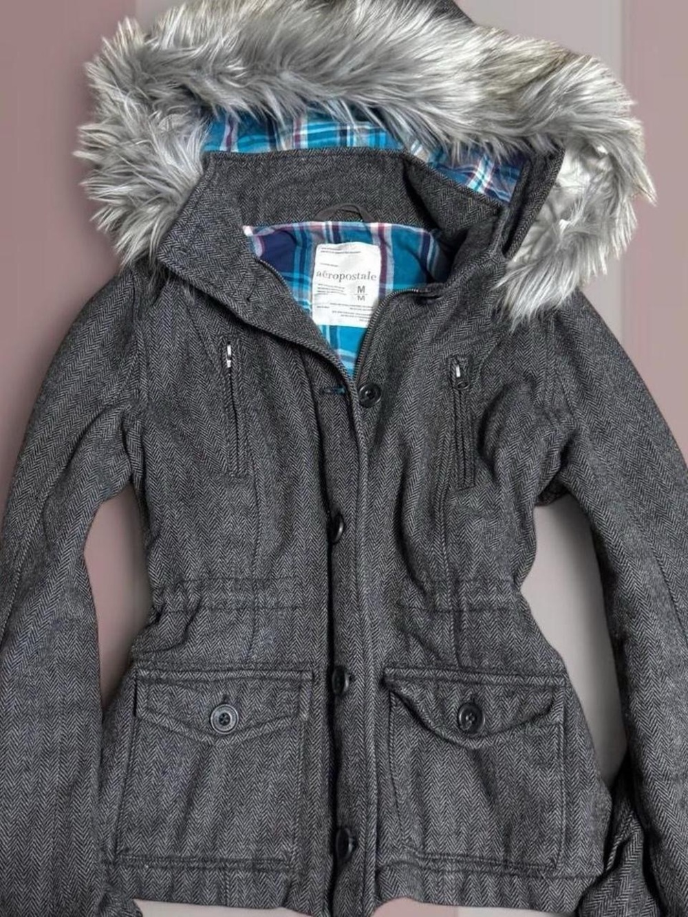 Aeropostale Vintage Y2K Grey Faux-Fur Trim Winter Jacket